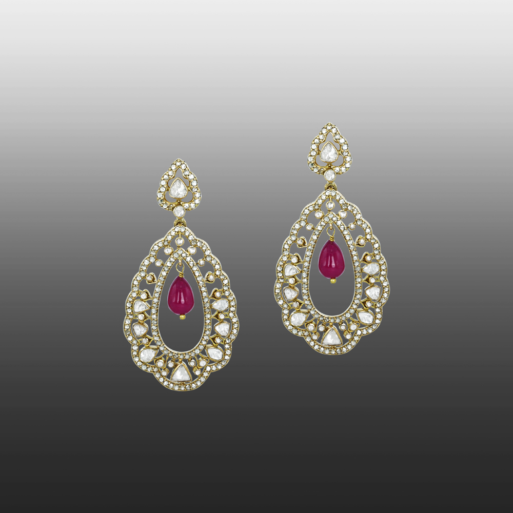 Polki Chandelier Diamond Earrings with Ruby Drop